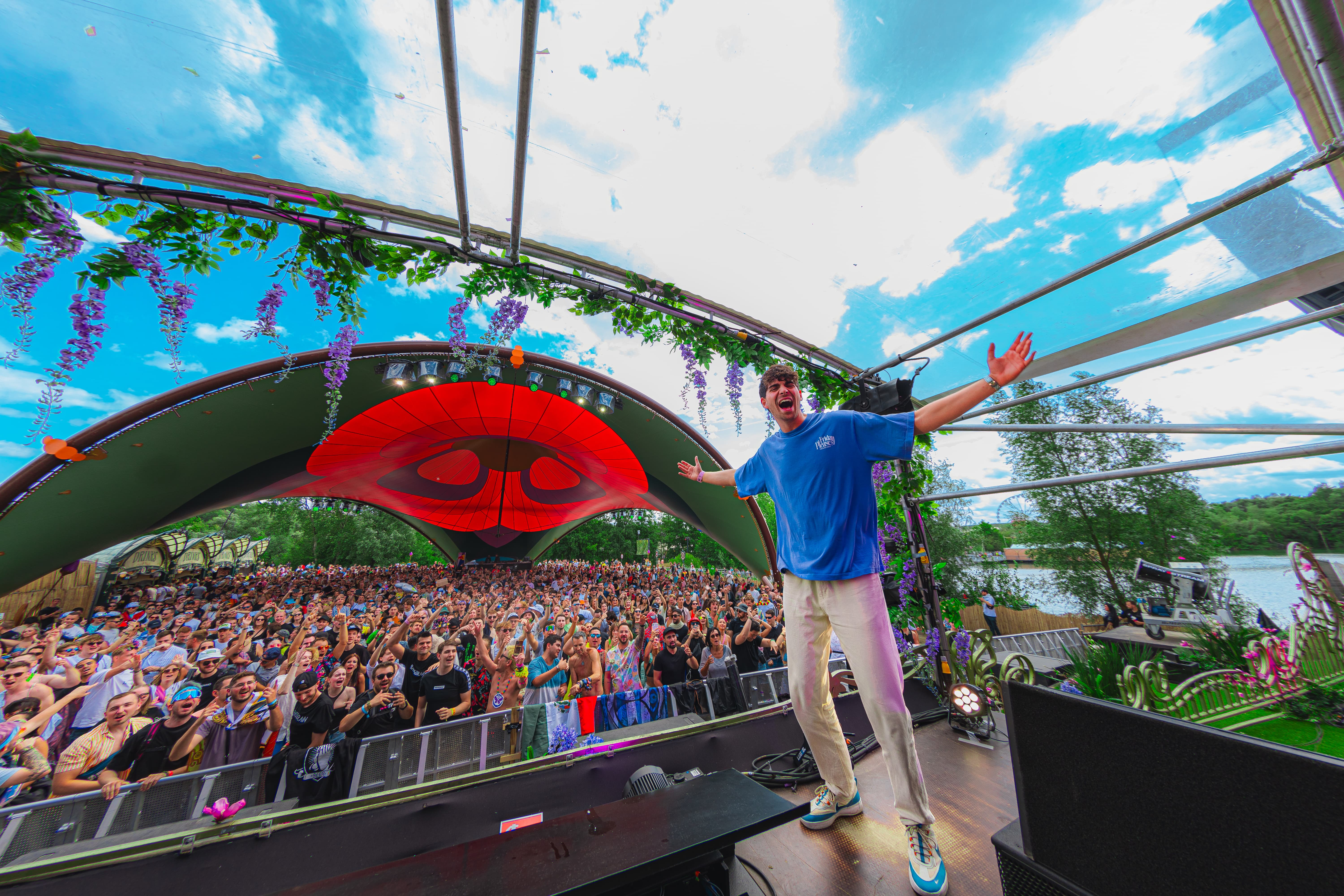 Refuzion on top of the stage at Yophoria stage at Tomorrowland
