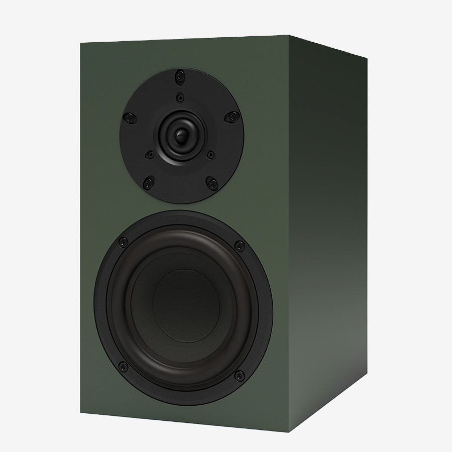 Green bookshelf speaker with dual drivers