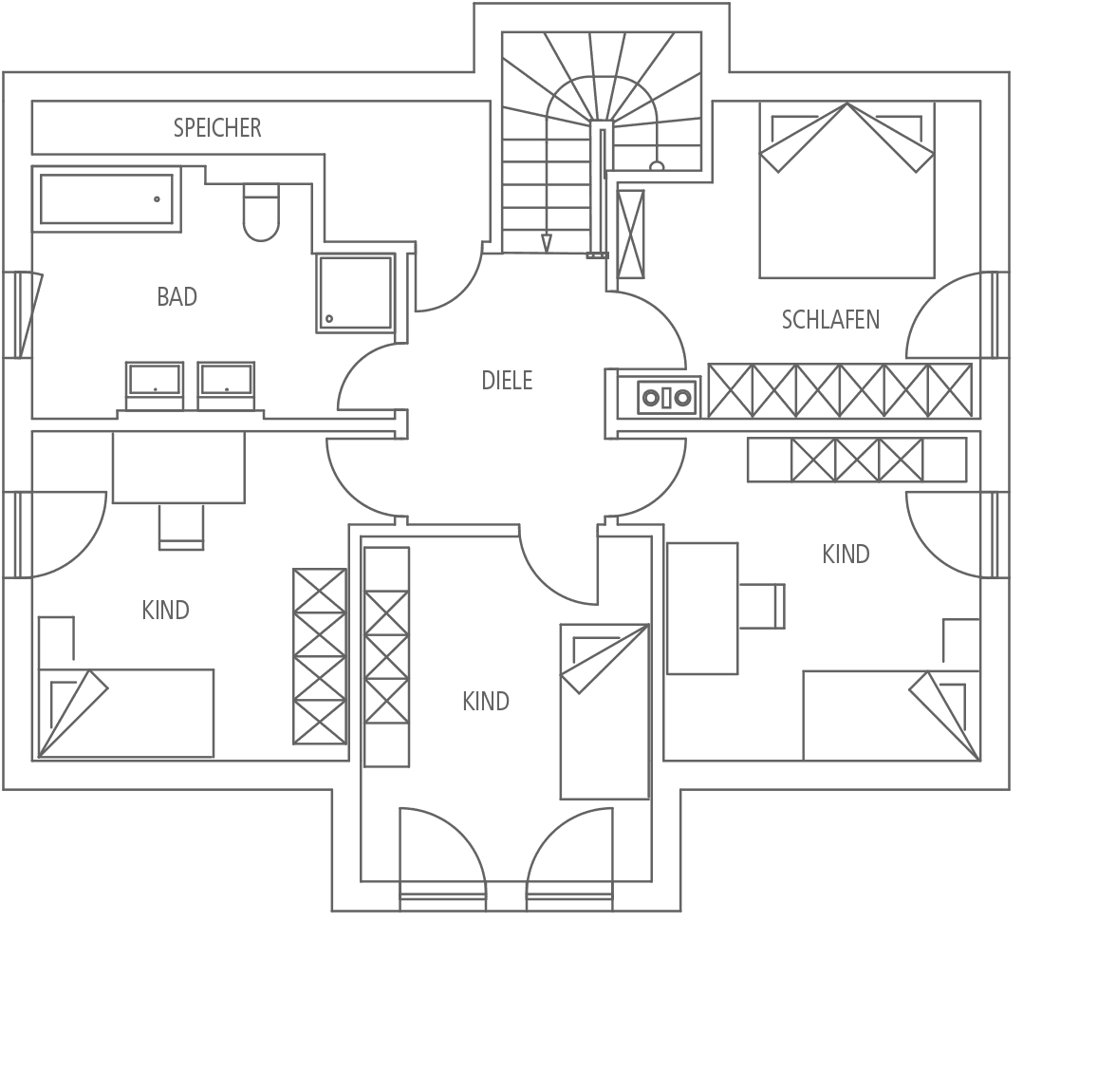 Grundriss eines Hauses mit Diele, Speicherkammer, Bad, Schlafzimmer und drei Kinderzimmern.