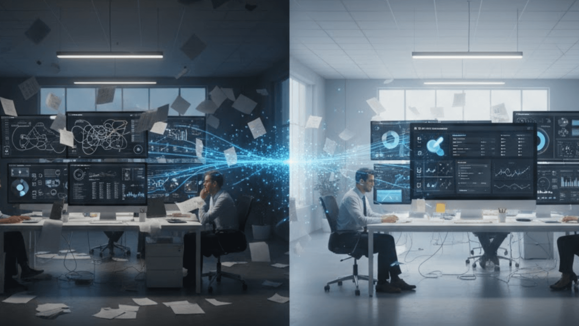 A cinematic 16:9 split-screen illustration showing the transformation from chaotic to streamlined project management.  On the left, a dimly lit office represents failing systems: workers look frustrated amidst flying papers, cluttered desks, and monitors displaying tangled, messy data visualizations. On the right, the scene shifts to a bright, premium SaaS environment where teams collaborate calmly at clean workstations. Their monitors show high-fidelity, organized dashboards with clear progress metrics. A glowing blue stream of digital data flows through the center of the image, bridging the two sides and symbolizing the transition from operational chaos to modern, high-speed efficiency.