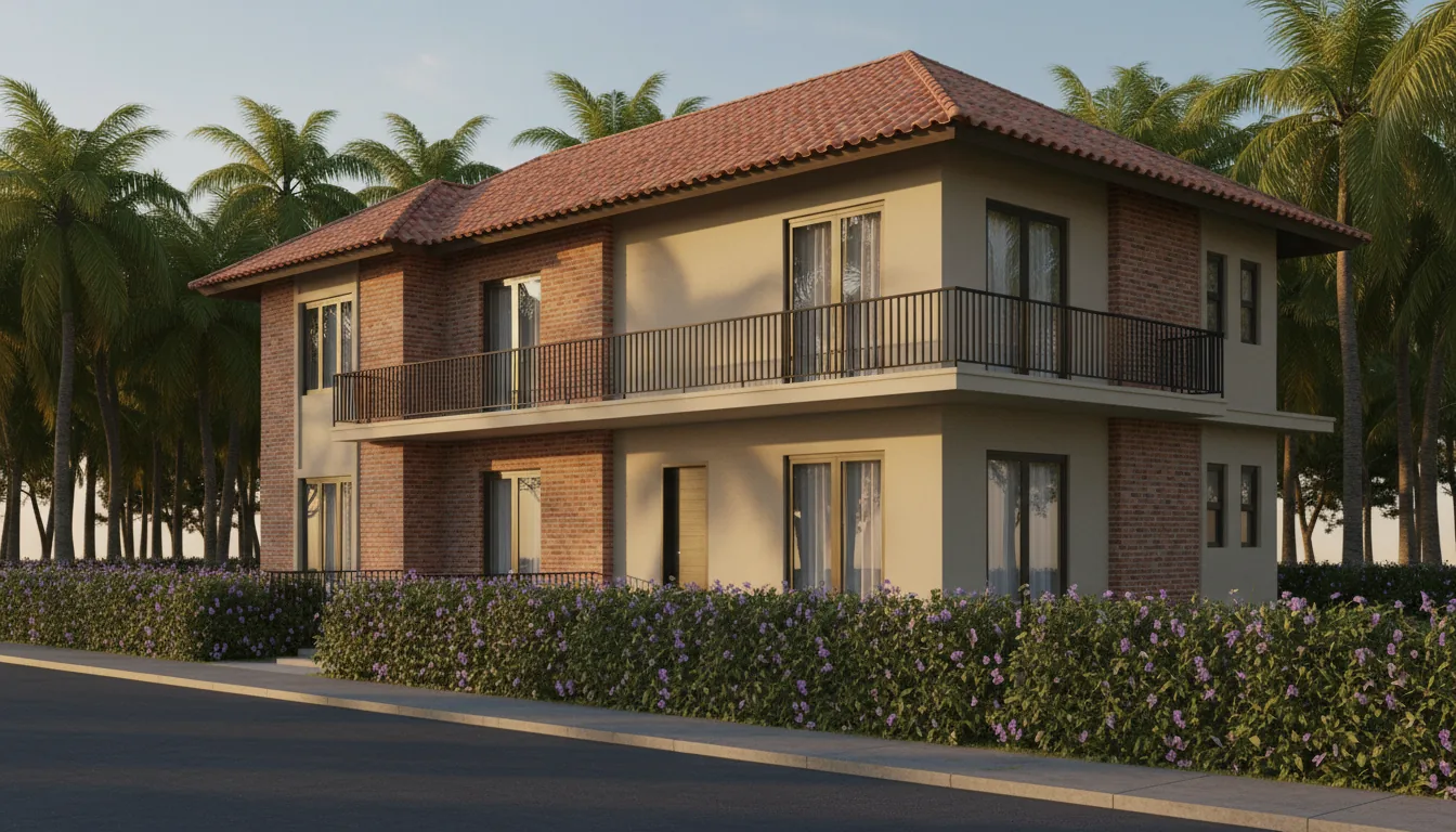 Photorealistic 3D architectural visualization of a modern tropical house, SketchUp and V-Ray style render. The two-story building features exposed red brick, beige stucco, and a terracotta tile roof. A black metal railing lines the second-floor balcony. The scene is set during the golden hour, with warm, low-angle sunlight casting soft shadows. The house is surrounded by lush palm trees in the background and a dense hedge with purple wildflowers in the foreground next to an asphalt road. Wide-angle view, extremely detailed textures, sharp focus on the architecture.