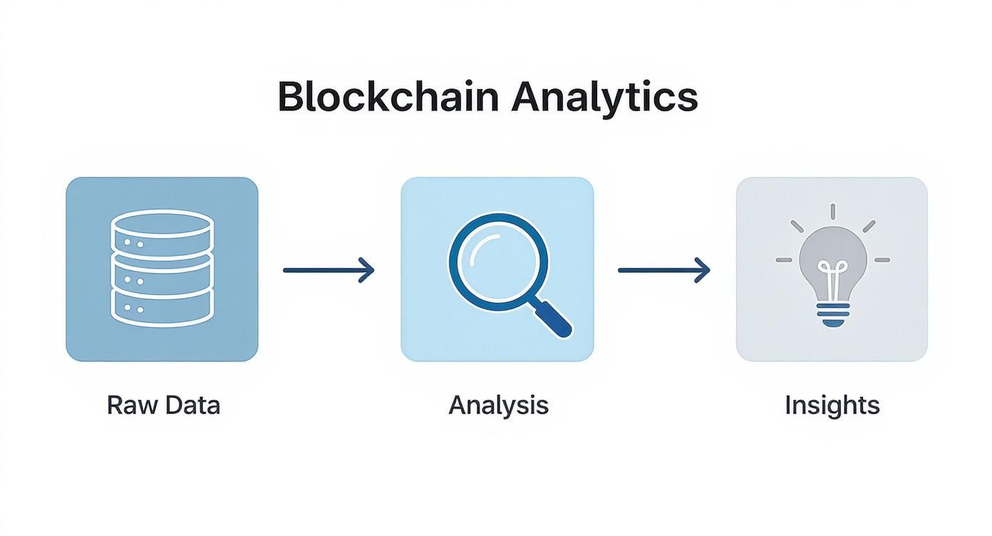 Blockchain analytics workflow diagram showing three stages: raw data collection, analysis process, and generating insights