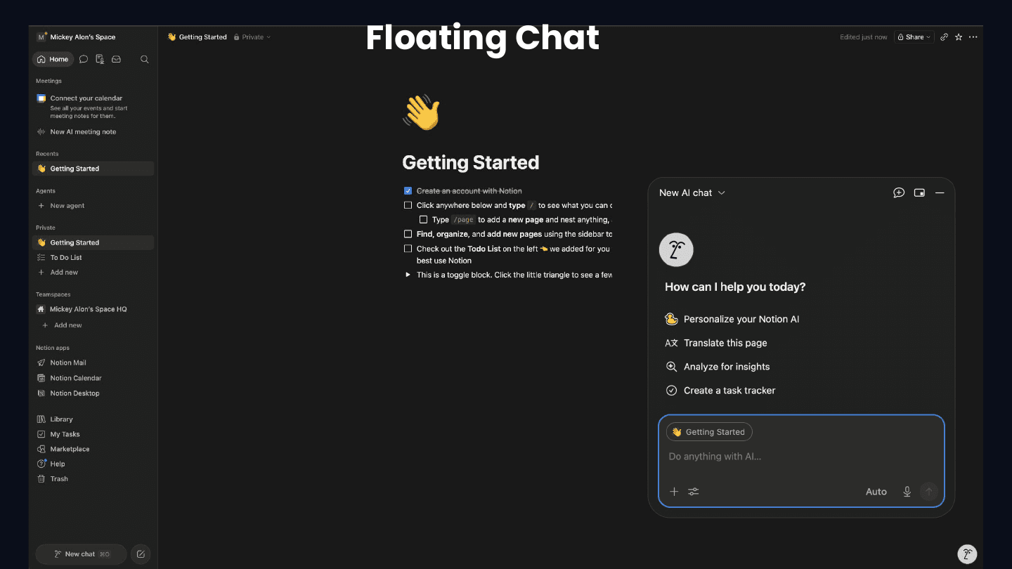 slide-42.png — Floating Chat: Notion AI Getting Started panel