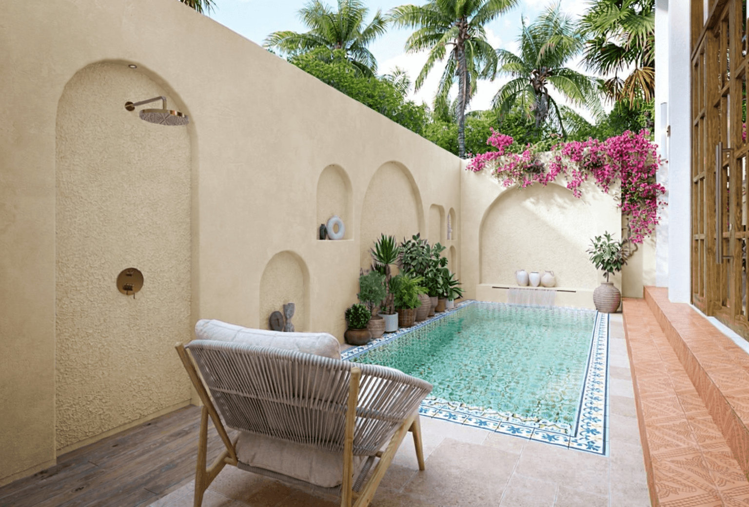 Private pool and outdoor shower area in a luxury Uluwatu property, perfect for Bali real estate investors.