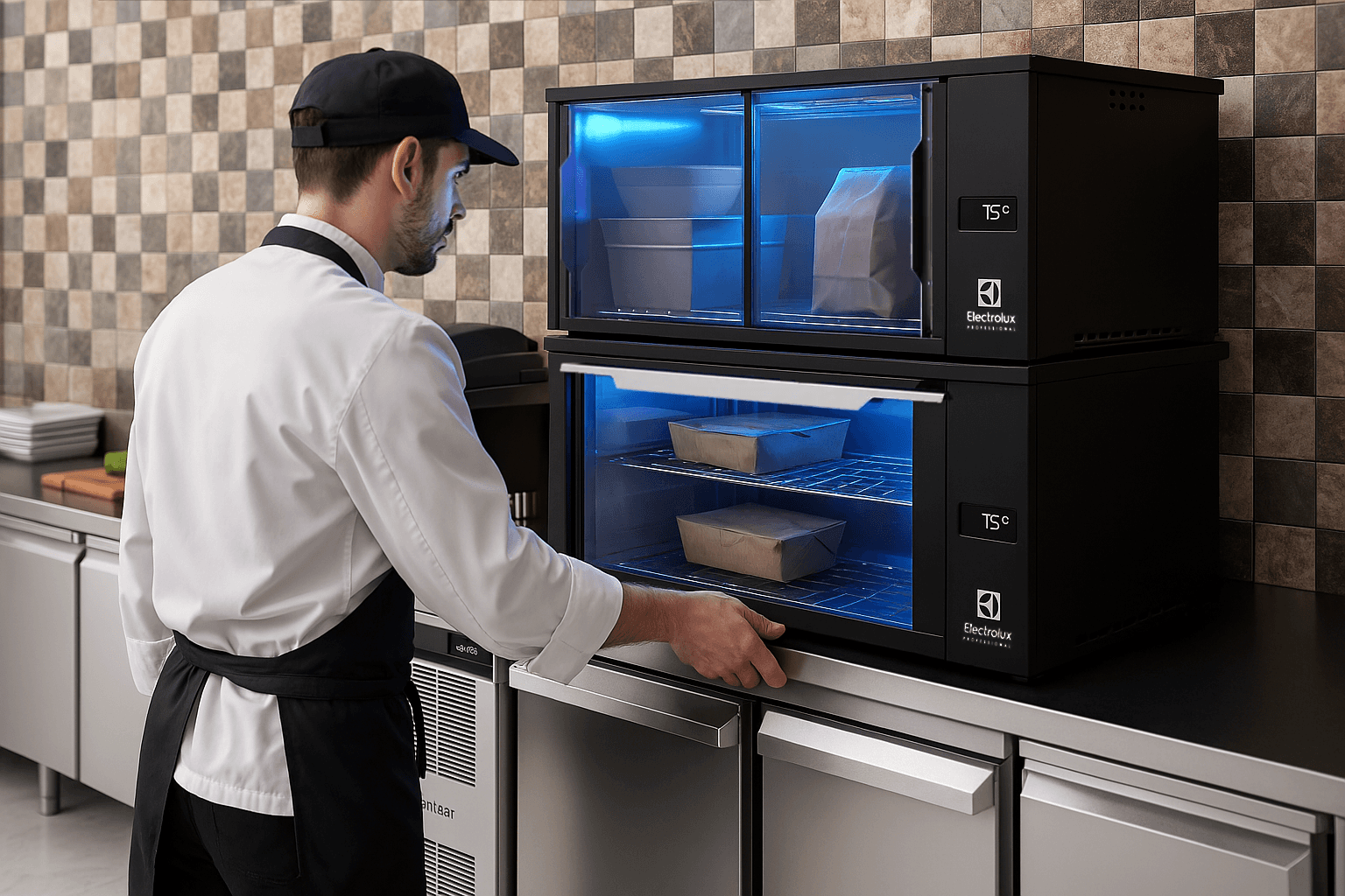 Chef che testa il dispositivo finale riscaldante e sanificante per il delivery