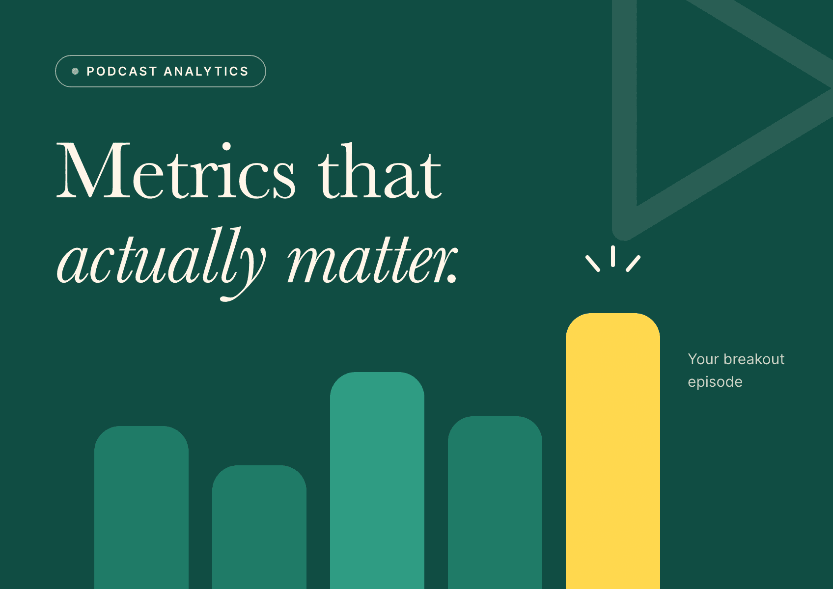 Rising rounded download bars with one bright breakout-episode bar on a deep forest-green poster.