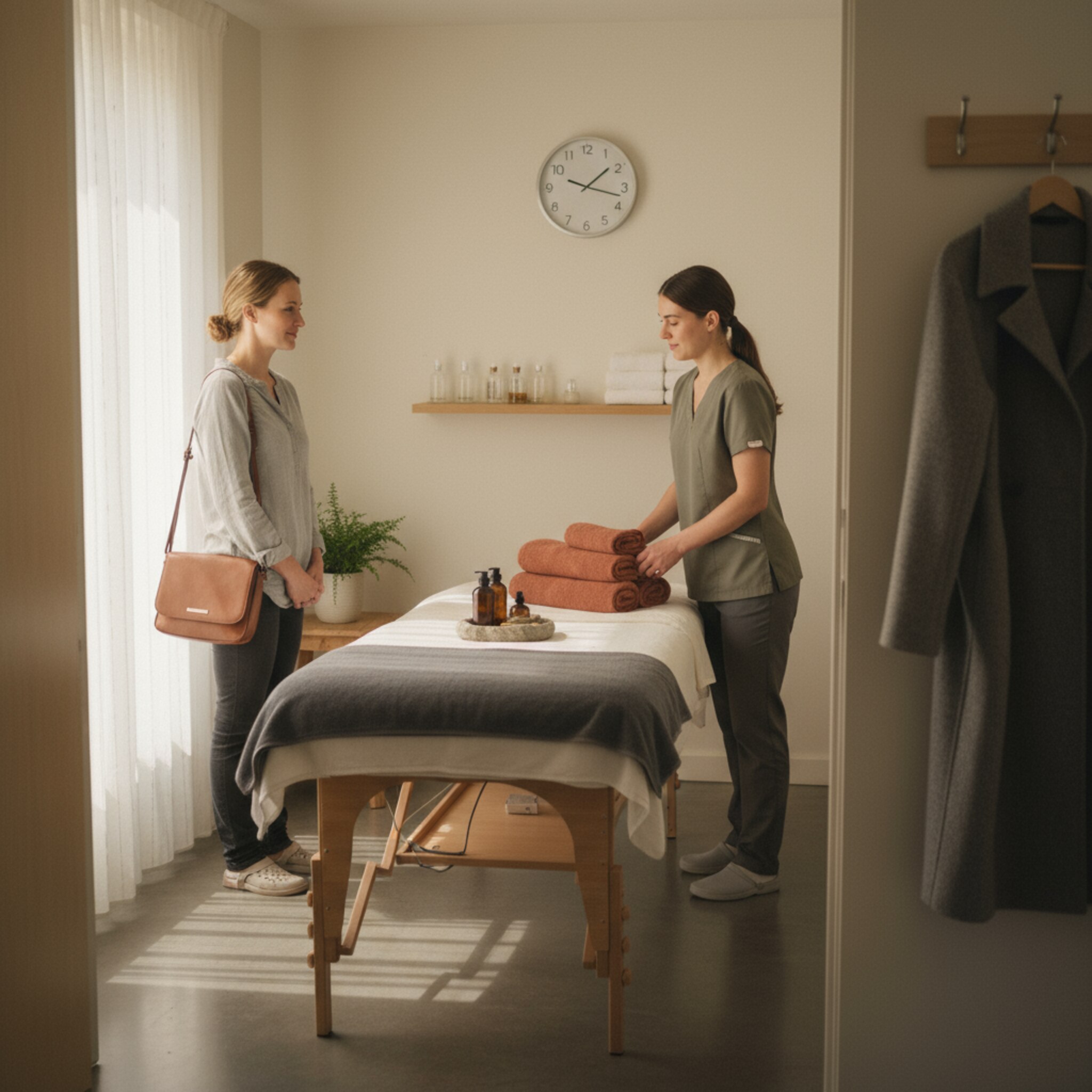 Ein Gast betritt pünktlich die Kabine, während die Therapeutin bereits Öl und Handtücher vorbereitet hat. Die Liege ist eingestellt, alles liegt griffbereit, die Uhr zeigt die vereinbarte Zeit. Die Szene vermittelt Verbindlichkeit und reibungslose Abläufe ohne Leerzeiten.