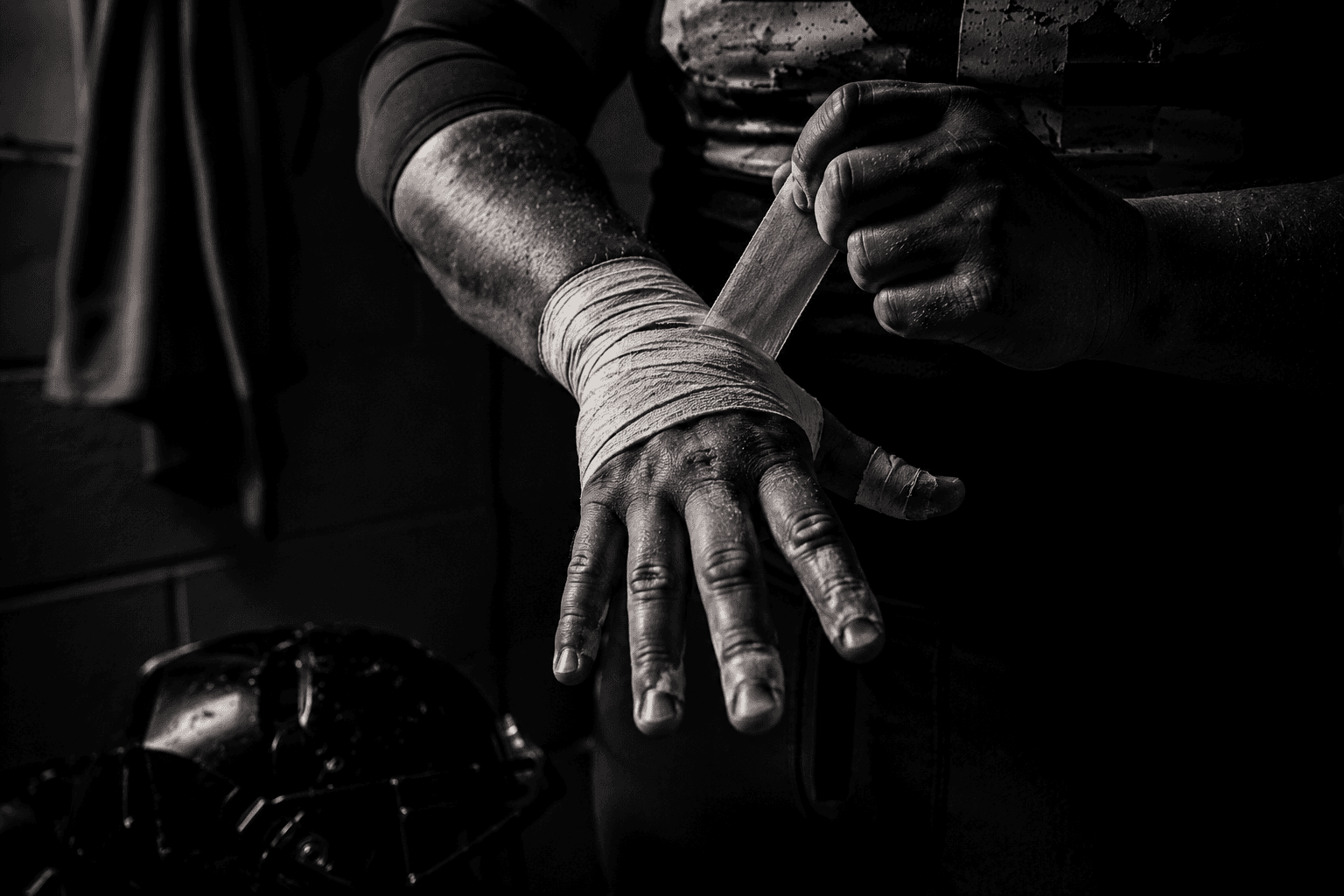Football player taping a wrist before a game