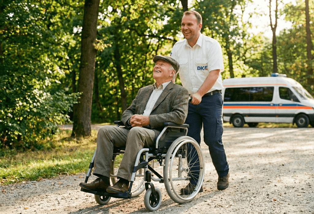 Krankenfahrer schiebt alten Mann in Rollstuhl beide lachen