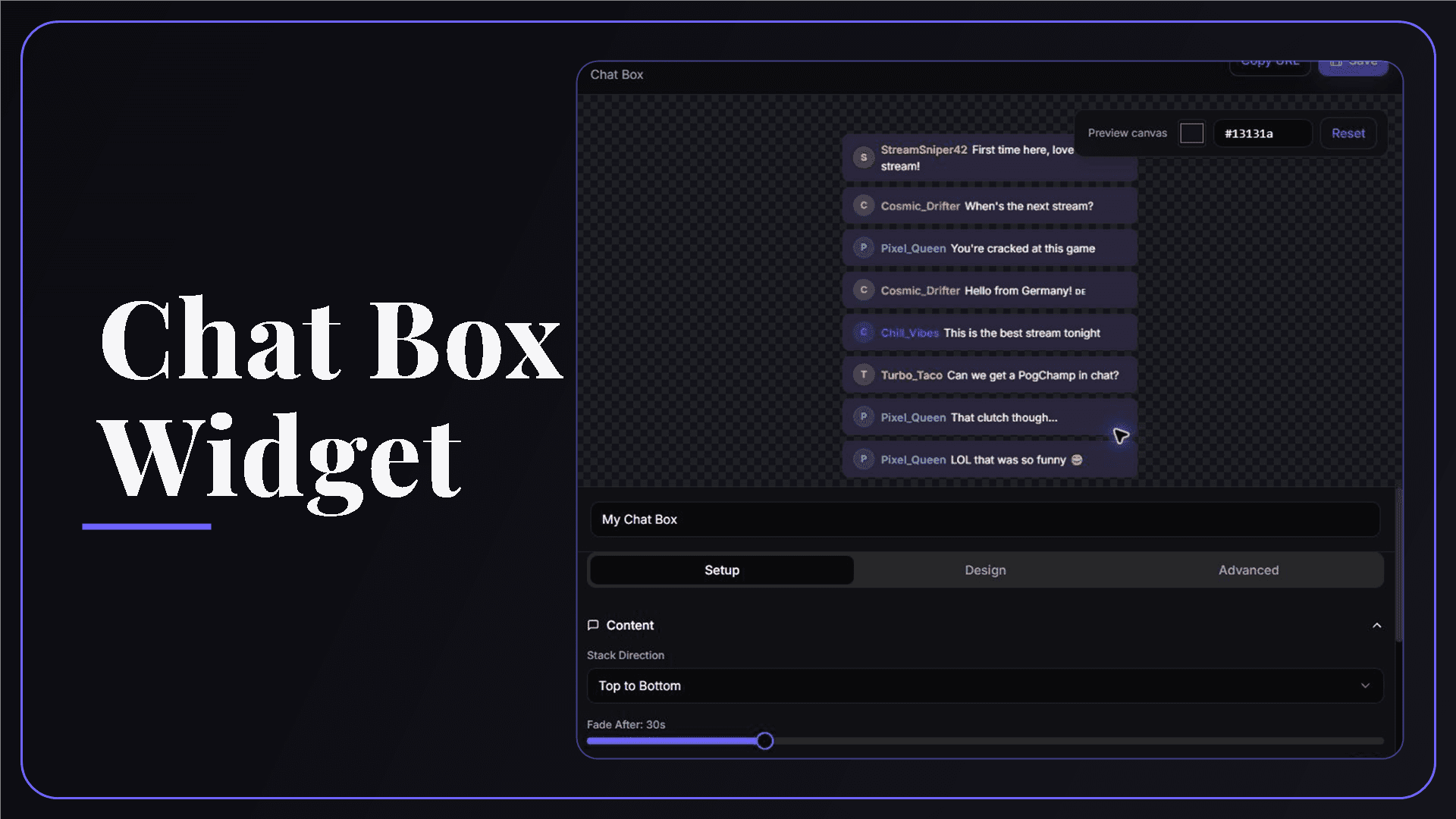 StreamSpell Chat Box Widget editor showing a live Twitch chat overlay preview and customization controls