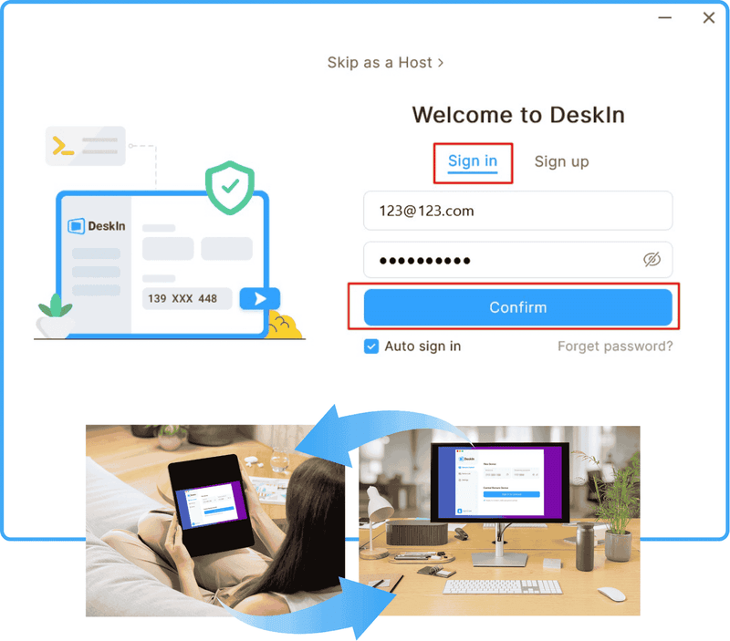 在 iPad 和電腦上下載 DeskIn 並登錄相同帳號