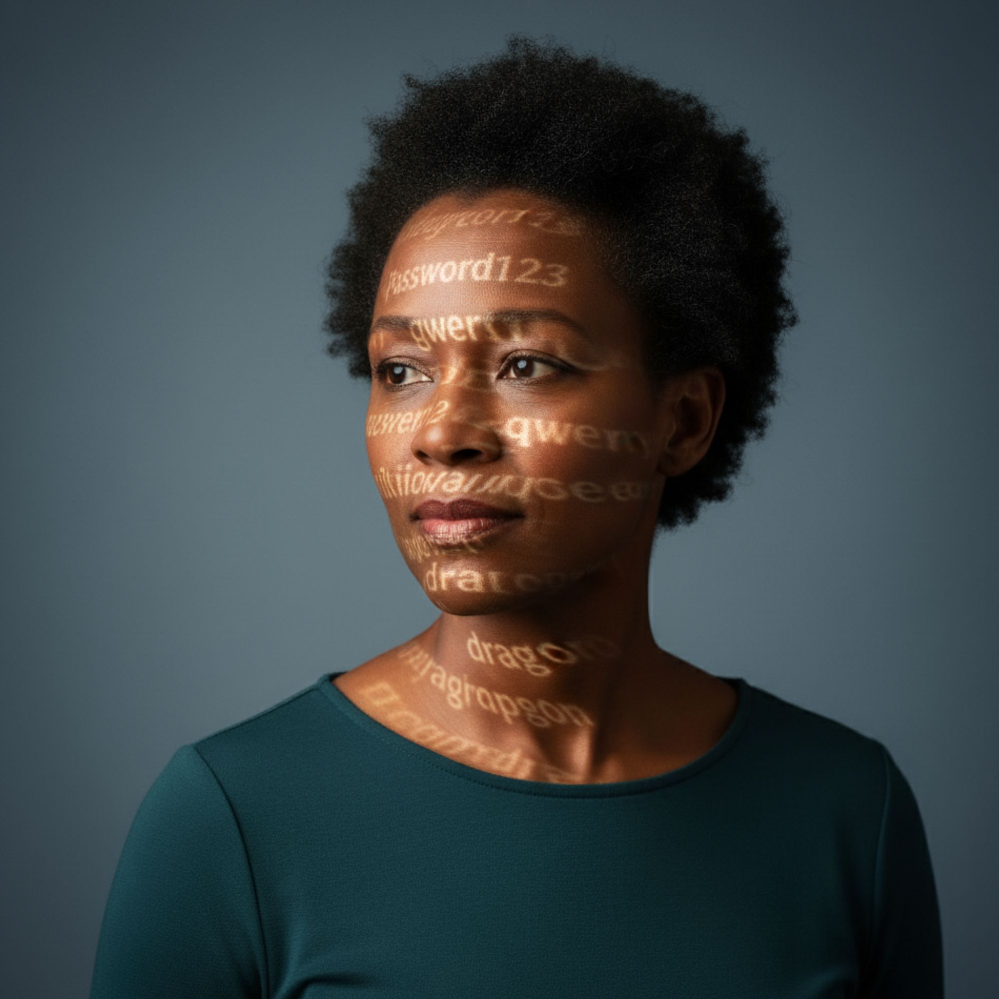 Vrouw met projecties van wachtwoorden, die haar digitale nalatenschap symobliseren