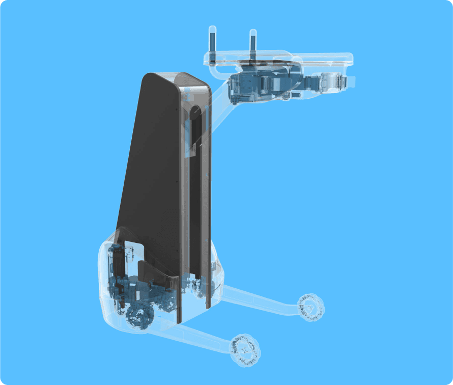 CAD design of a robotically assisted walker, showcasing the detailed 3D model with structural components, handles, wheels, and advanced features for mobility support.