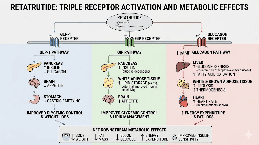 Retatrutide triple agonist mechanism showing GLP-1 GIP and glucagon receptor activation