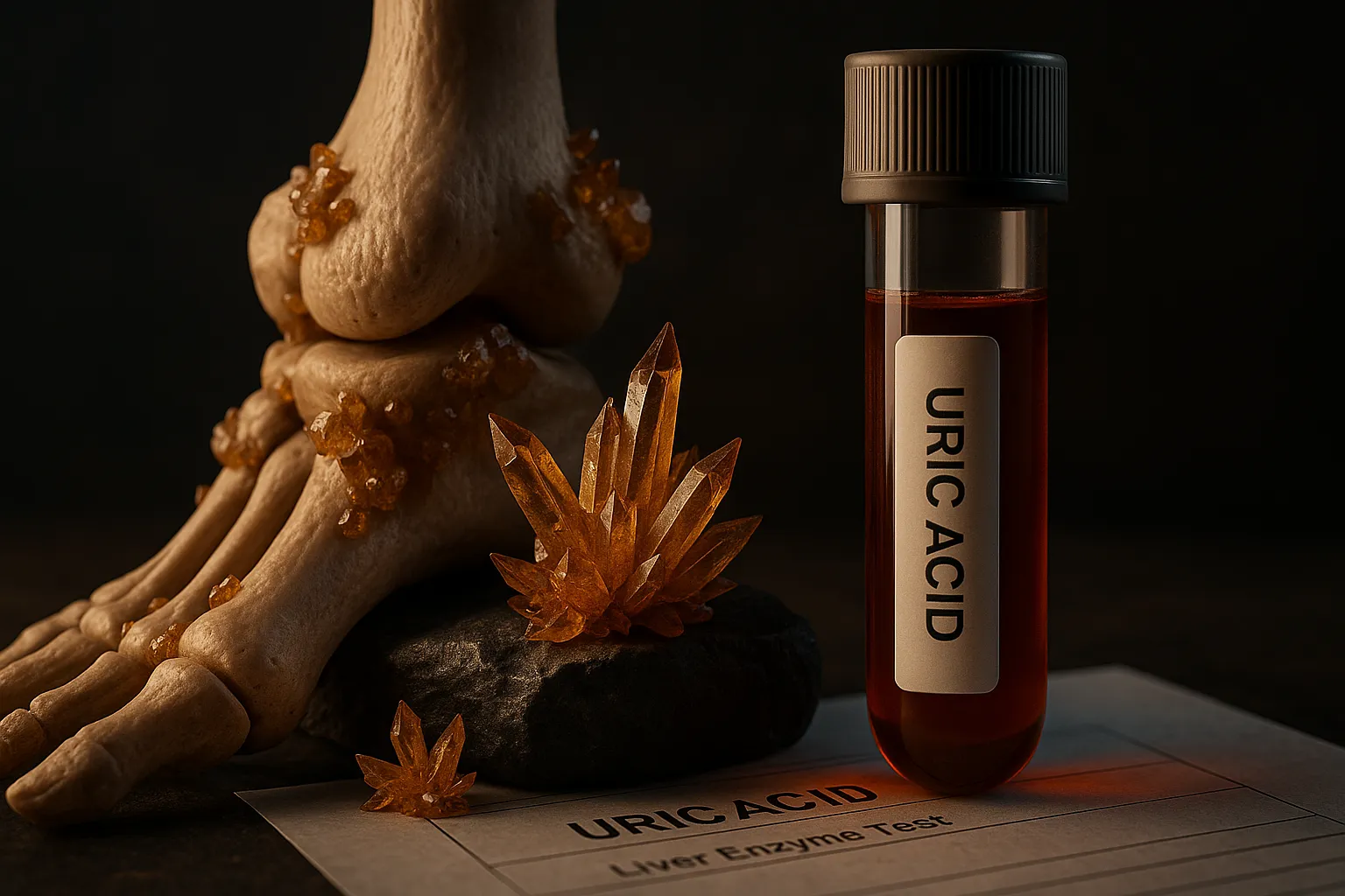 Cinematic 3D scene of a blood tube labeled uric acid beside foot bones encrusted with orange uric acid crystals