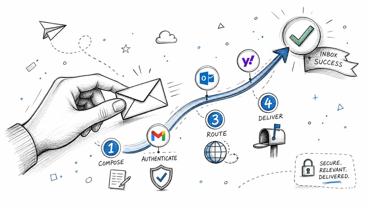 A hand holding an envelope following a path through authentication, routing, and delivery steps for email marketing.
