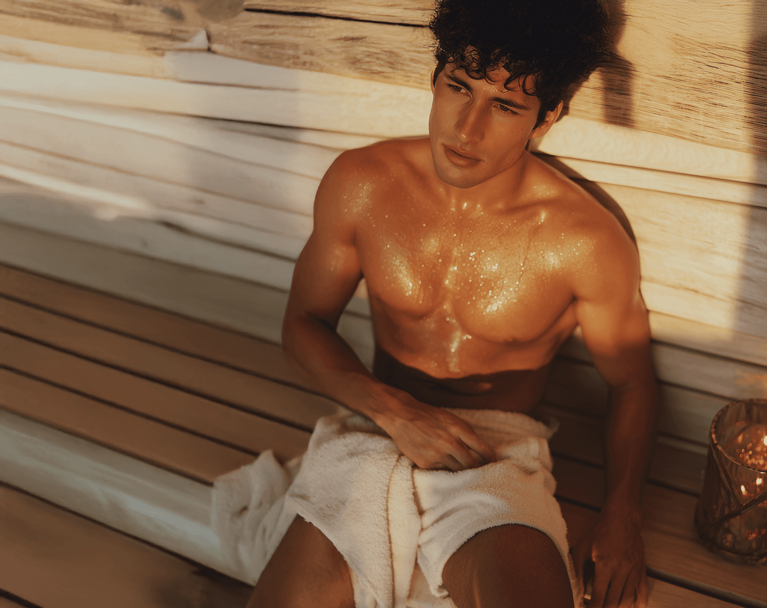 A man with damp skin sits in a sauna, wrapped in a white towel. Warm lighting enhances the tranquil and reflective mood of the wooden interior.