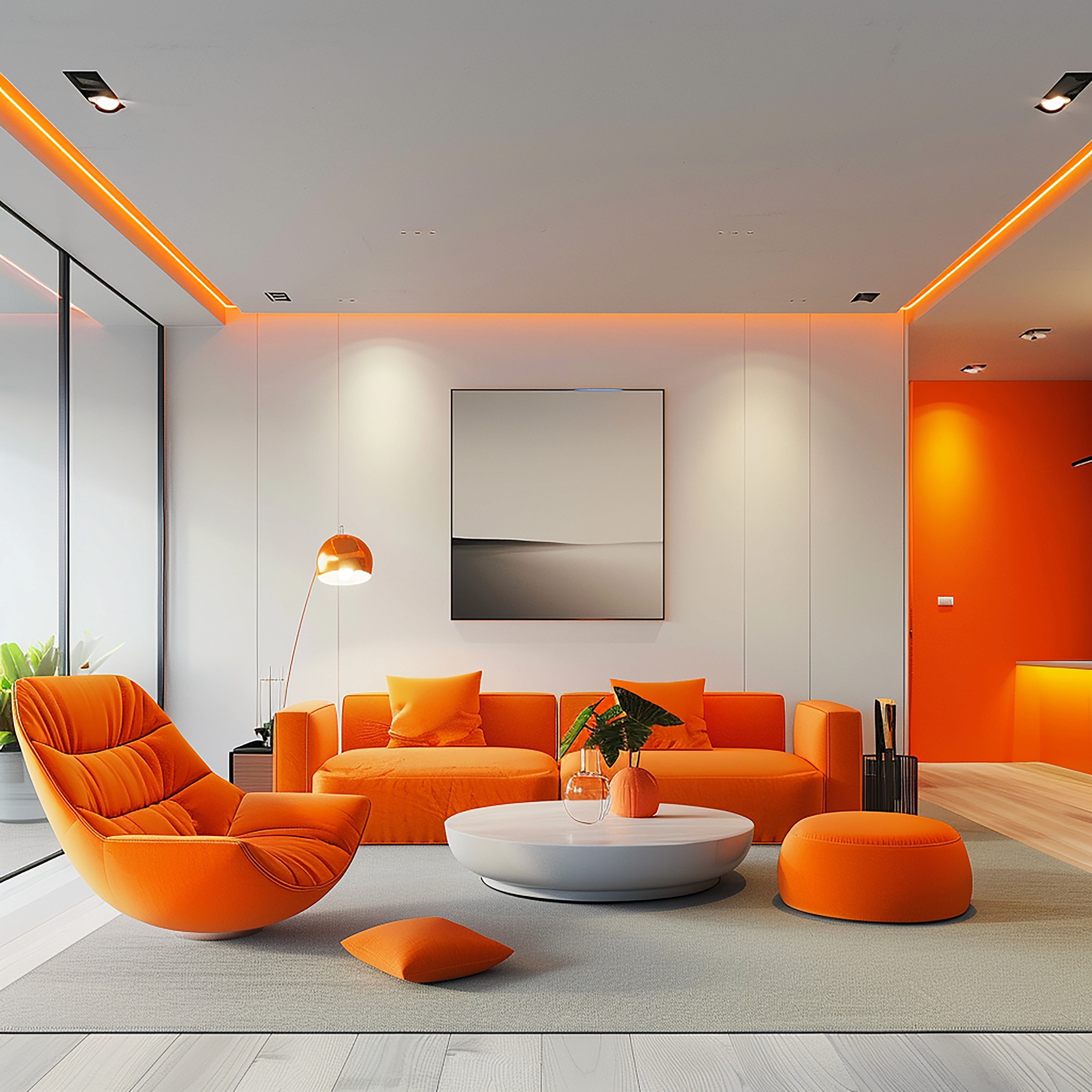 Colorful modern lounge with round table and lamps.