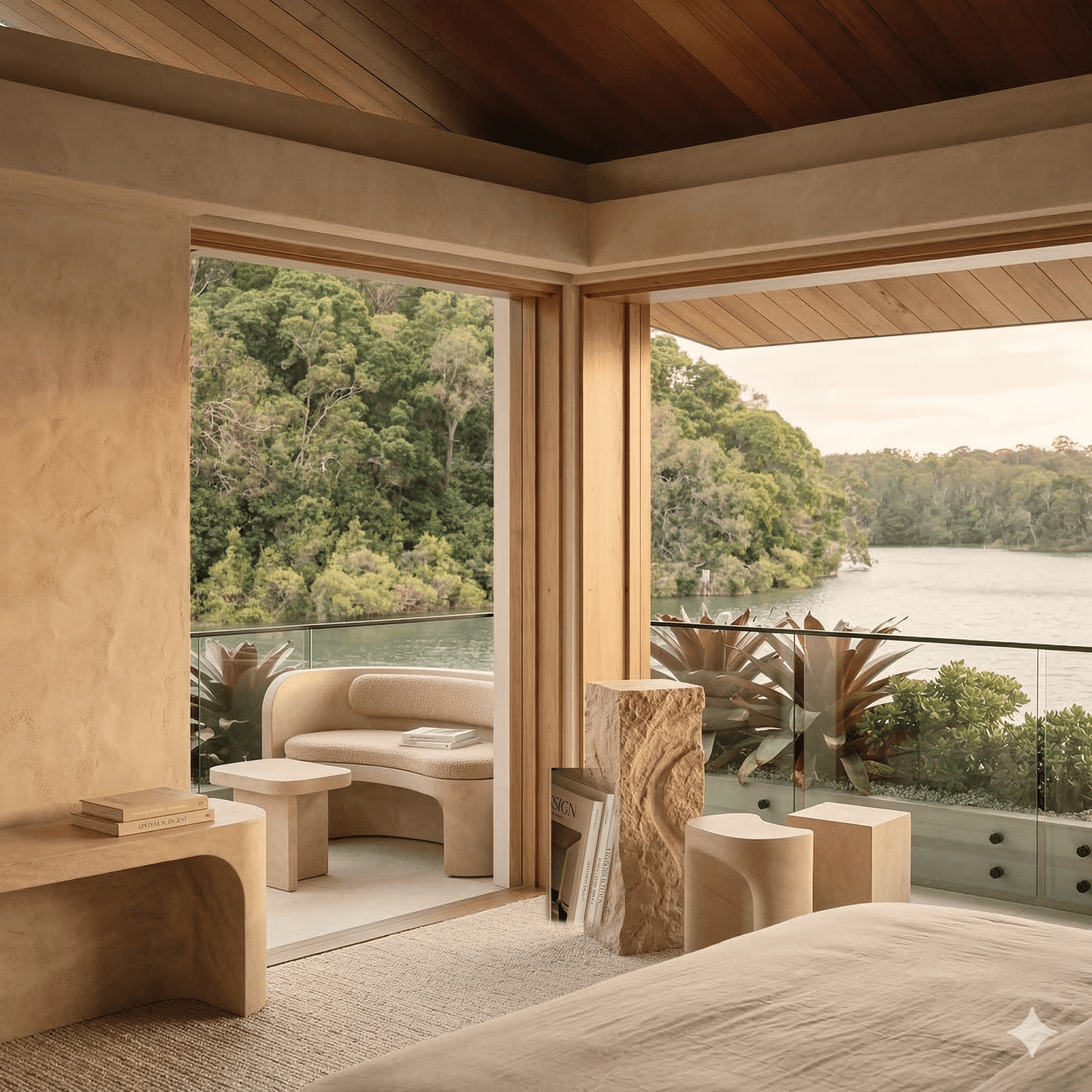 Terracotta corridor with geometric arches, diffuse sunlight, and textured stucco surfaces.