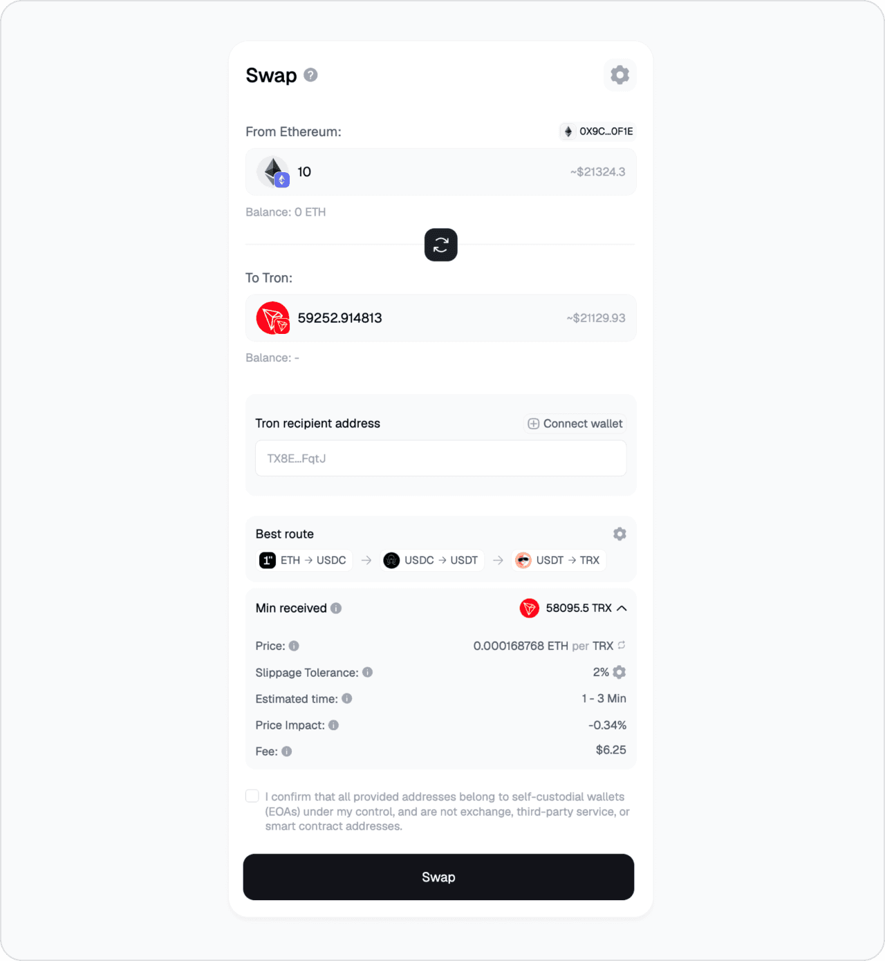 ETH to native TRX on Tron bridge route, Tron recipient address field shown.