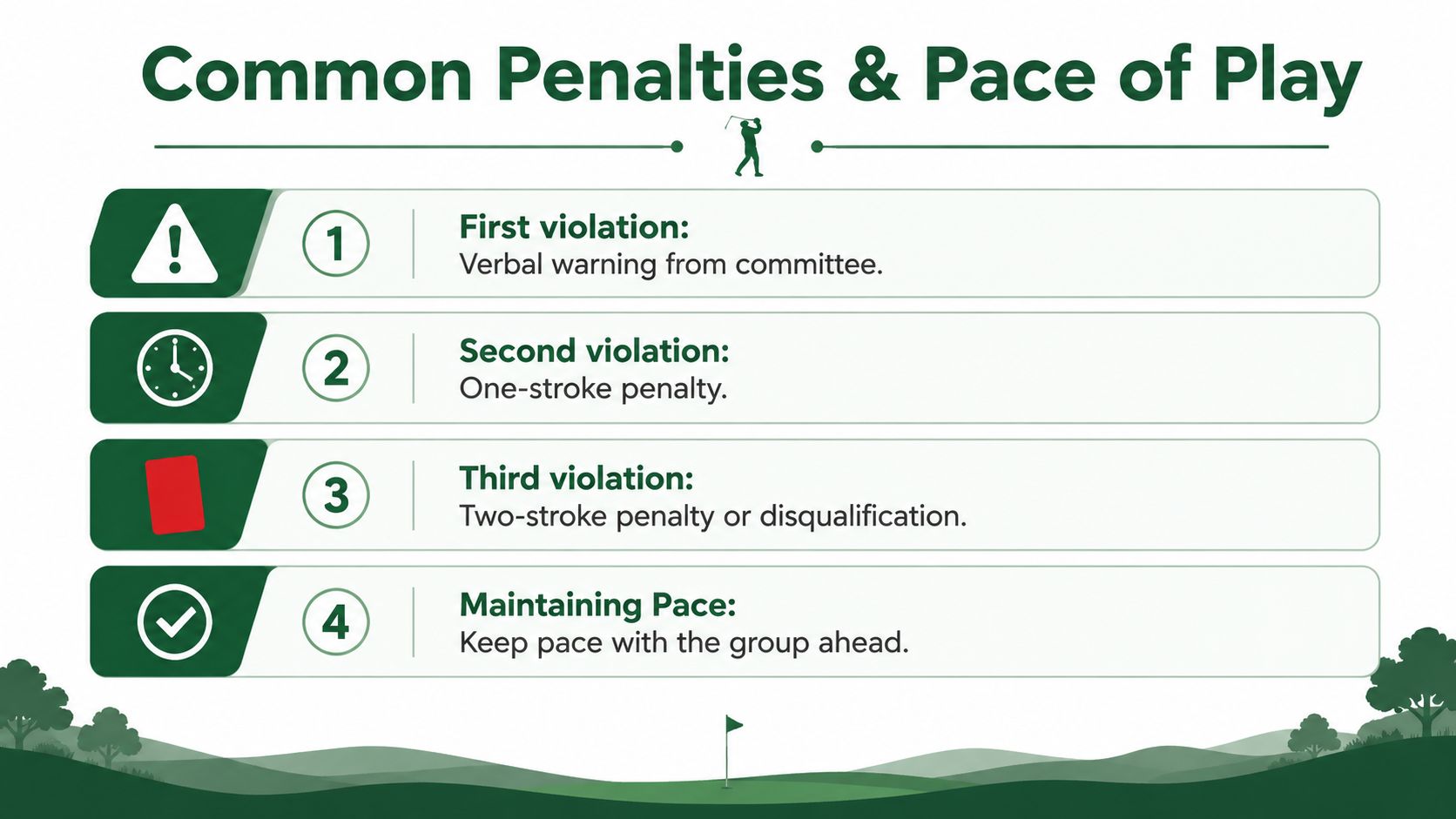 An infographic detailing golf pace of play penalties, including warnings, stroke penalties, and disqualification rules.