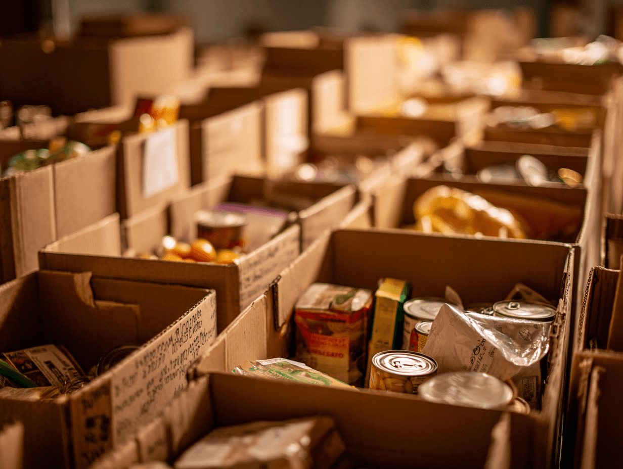 Shelves stocked with food donations, representing community support and non-profit organizations.