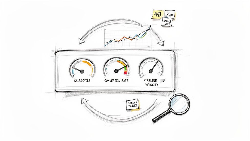 Business diagram illustrating a continuous loop of A/B testing, data analysis, and sales process optimization.