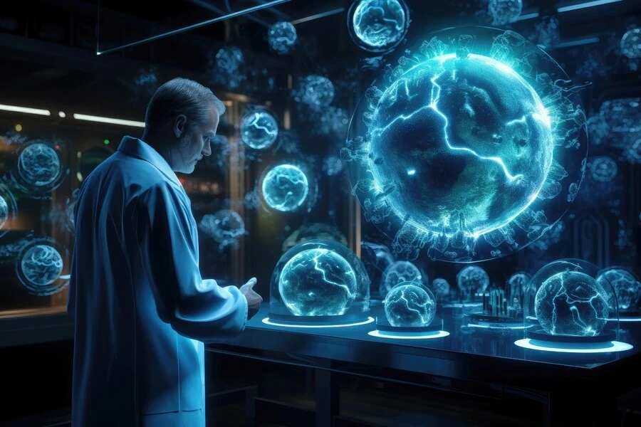 a doctor trying to cure Neuro virus at futuristic secret lab facility