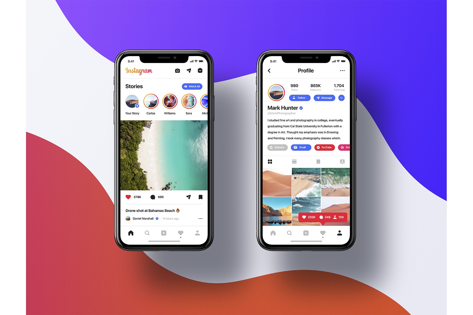 Instagram-style social media app UI with modern design elements.