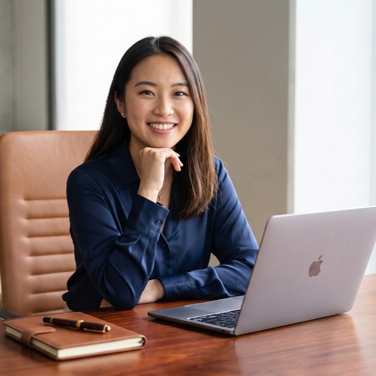 Employee working at desk and smiling at camera