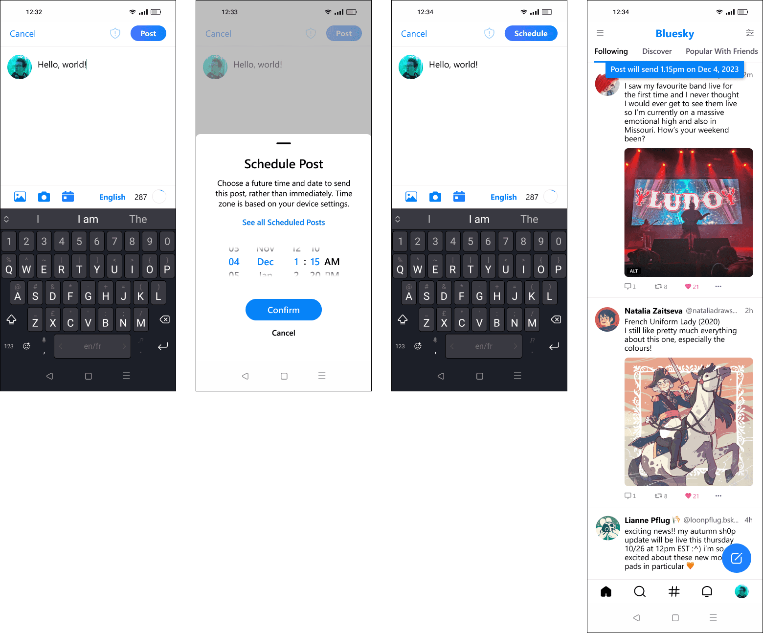 High-fidelity prototype screens that show each step in the scheduing a post process.