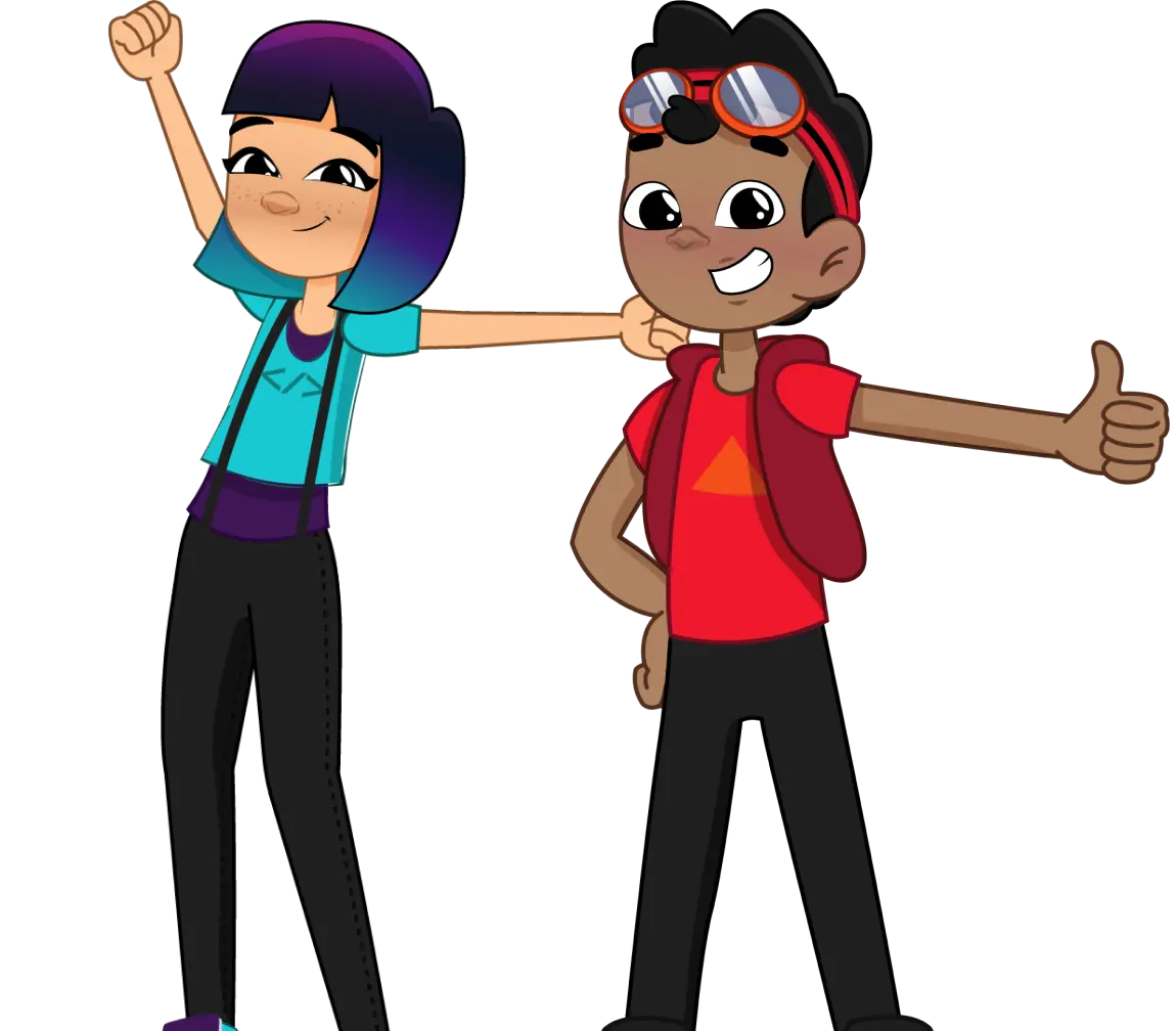 Ilustração do Pedro e da Bia sorrindo e fazendo um joia com a mão