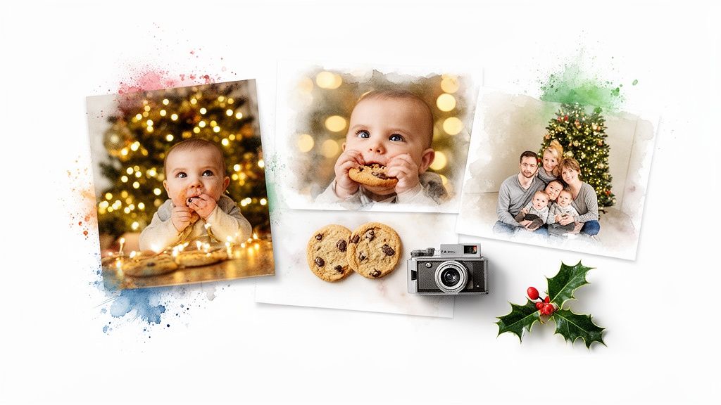 A collection of heartwarming Christmas photos featuring babies, a family, cookies, a vintage camera, and holly.