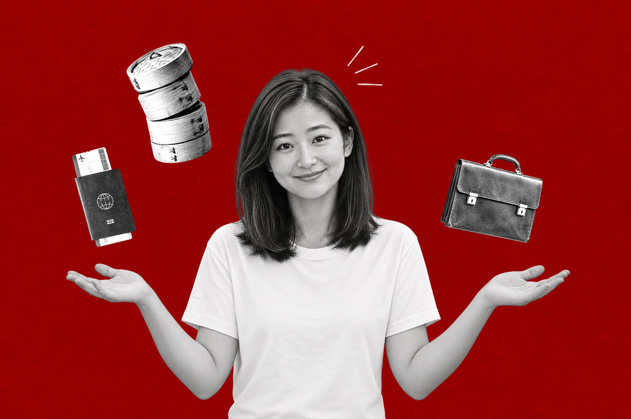A woman choosing between Cantonese learning pathways, with a passport, dim sum baskets and a briefcase on a textured red background.