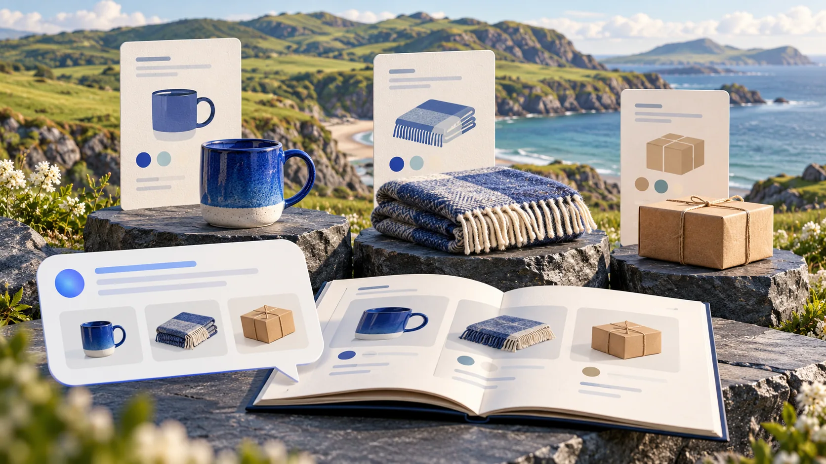 Mug, wool blanket and parcel matched to product catalogue cards for Welsh online shopping.