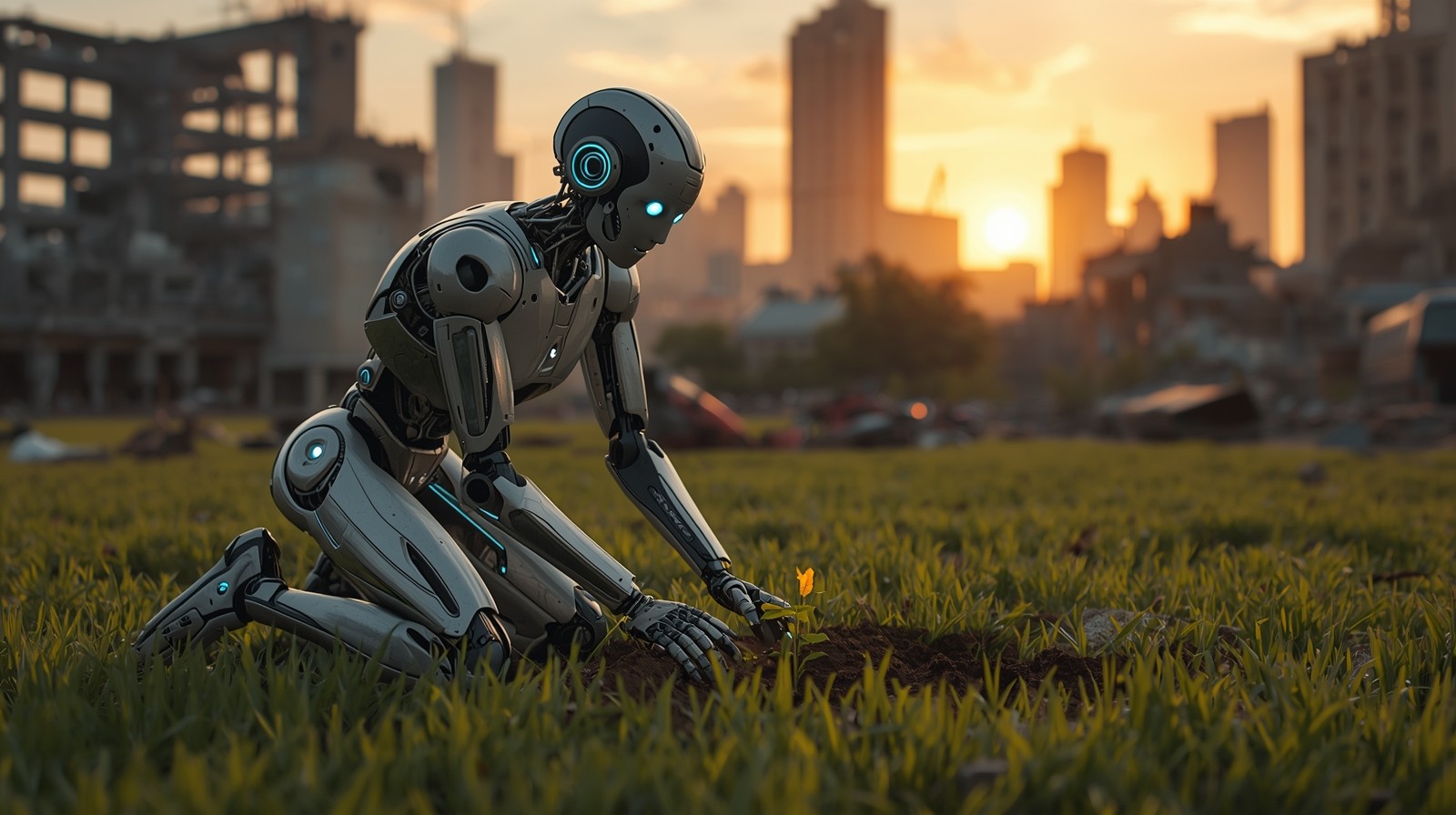 cinematic photograph of a robot with metallic skin and bright blue eyes kneeling in a lush green grass field