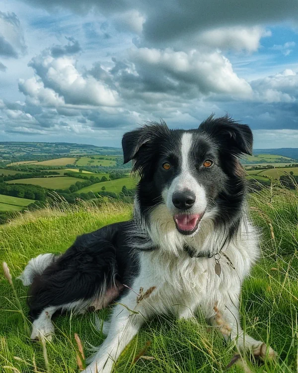 A Border Collie laying outdoors on grass