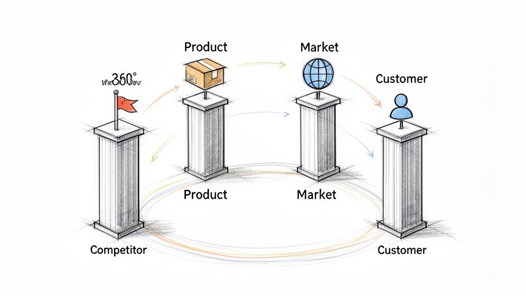 A 360-degree diagram showing four business pillars: Competitor, Product, Market, and Customer.
