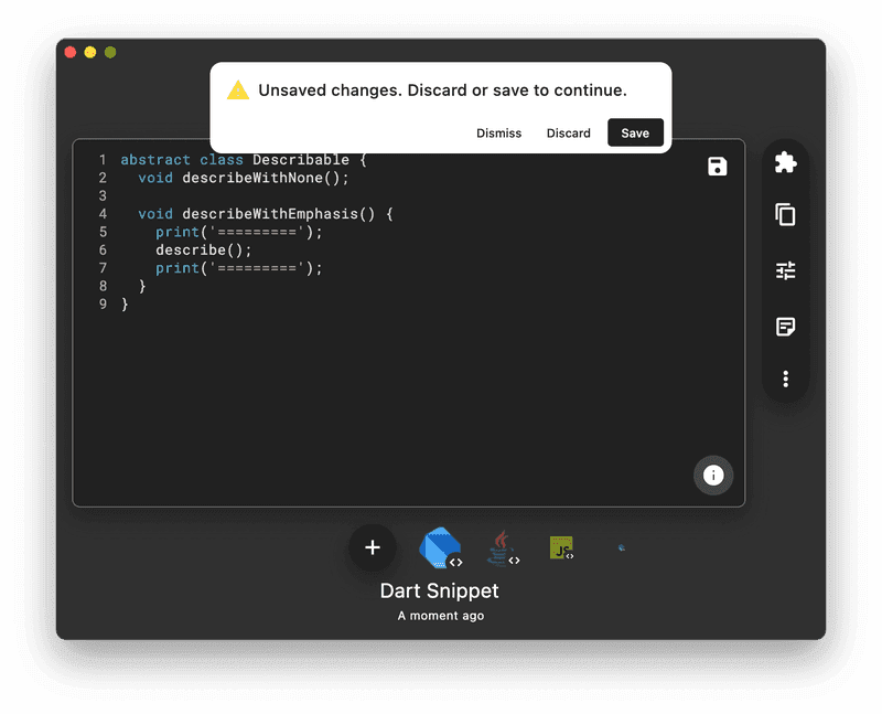 A prompt to save edits before exiting the edit window in Pieces.