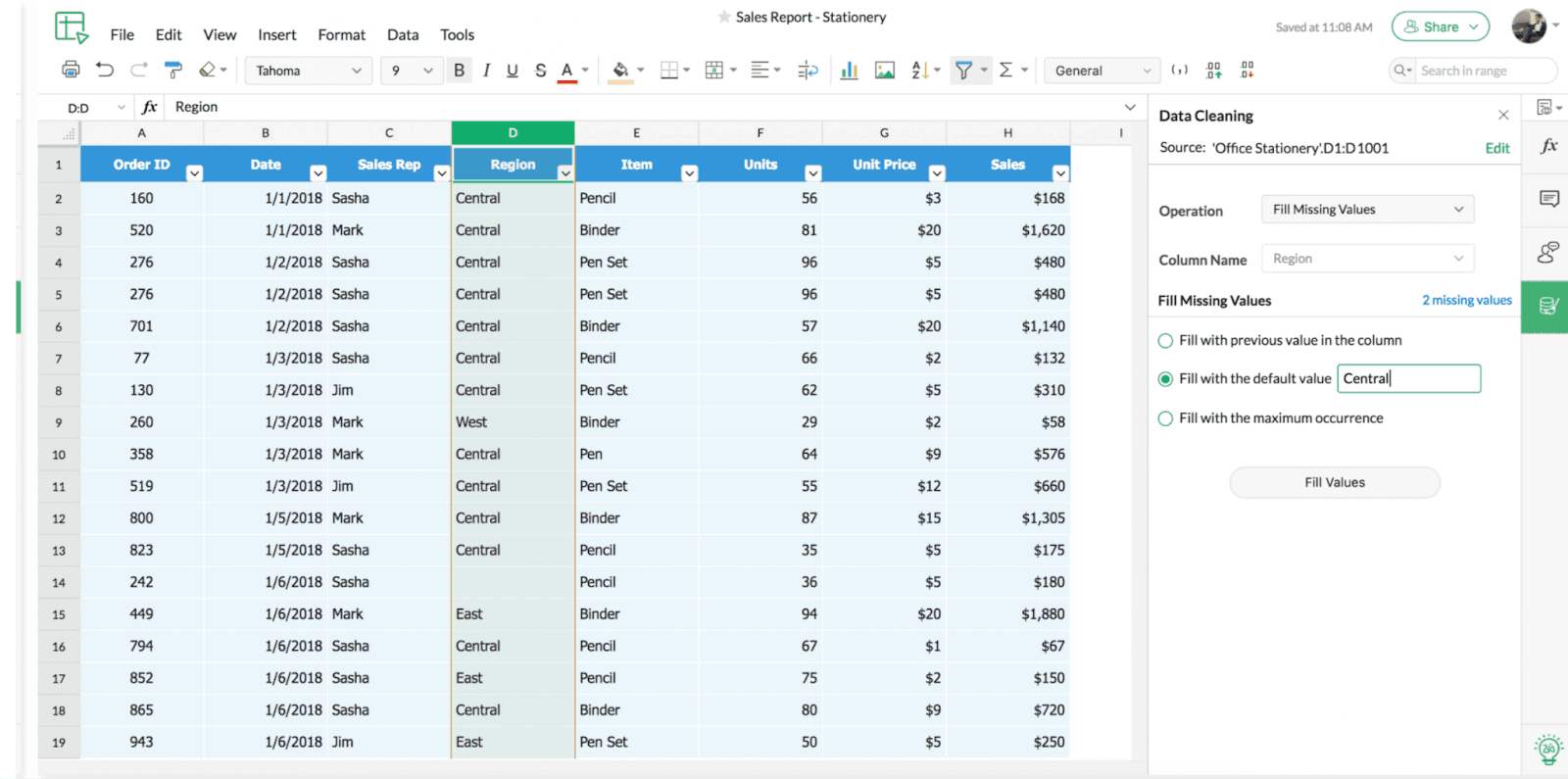 Screenshot of Zoho Sheet