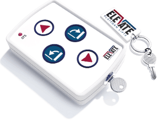 Elevate Glide wireless remote control handset with up, down, and directional arrow buttons, attached to a keyring with Elevate Platform Lifts branded fob