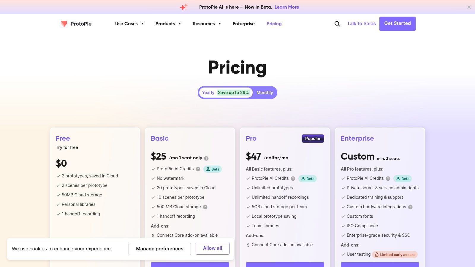 ProtoPie pricing tiers showing Free, Pro, and Enterprise options