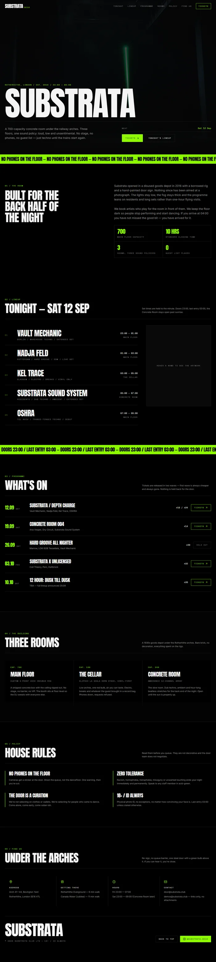 Full nightclub website design: type hero, lineup, rooms, tables, door policy, getting home