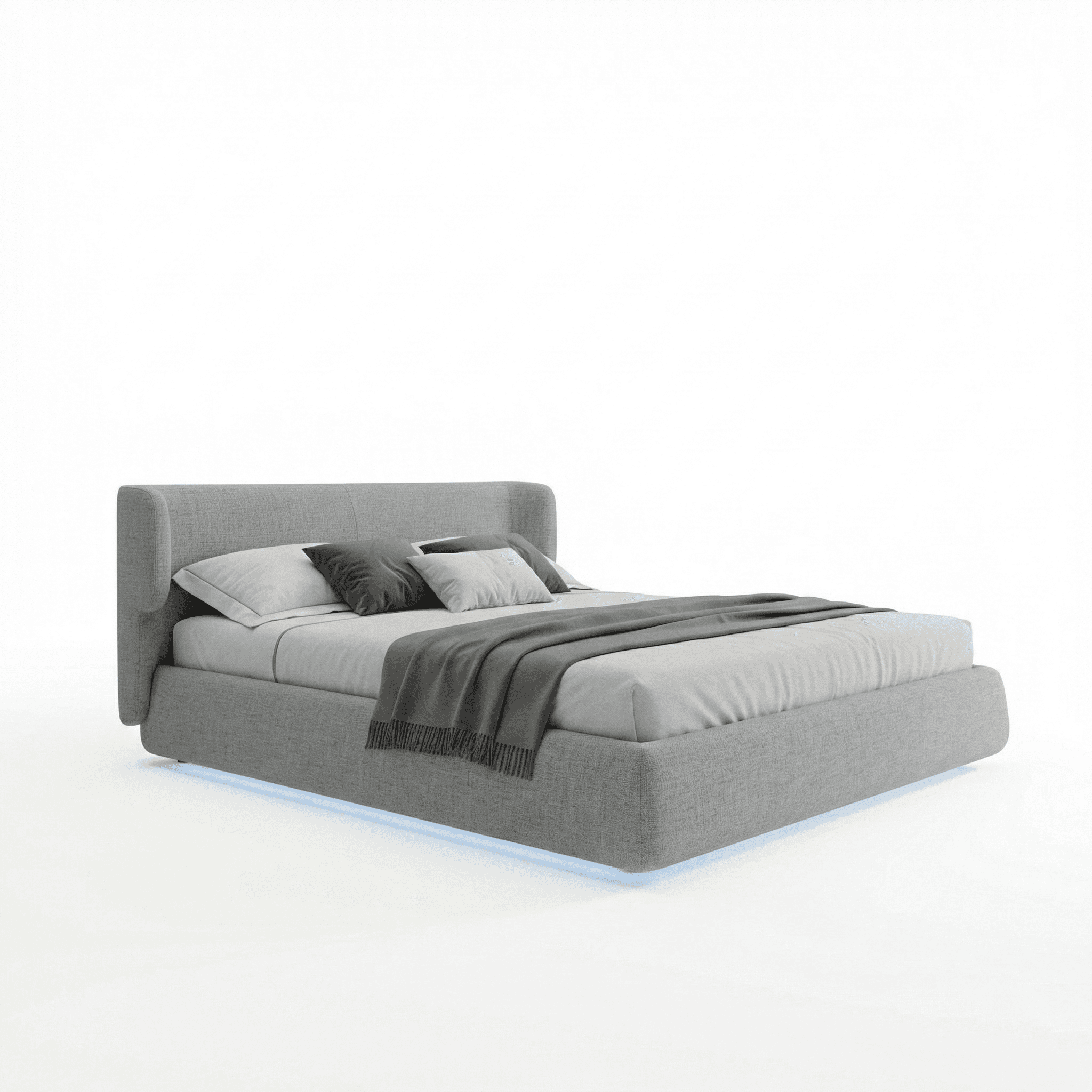 Modern bed with cushioned surround frame, integrated base lighting, and soft contours