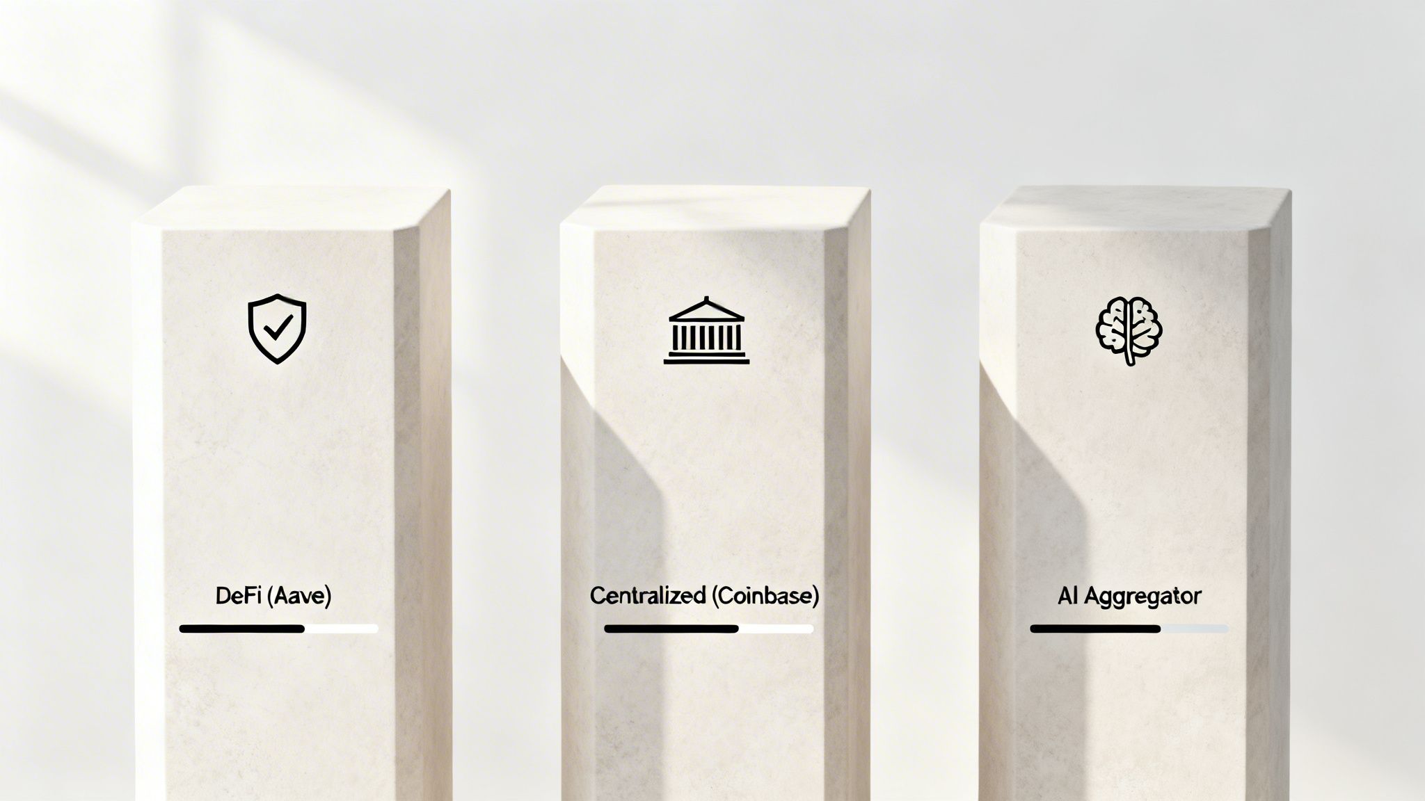 Three white pedestals categorize DeFi, Centralized, and AI Aggregator platforms with icons and progress bars.