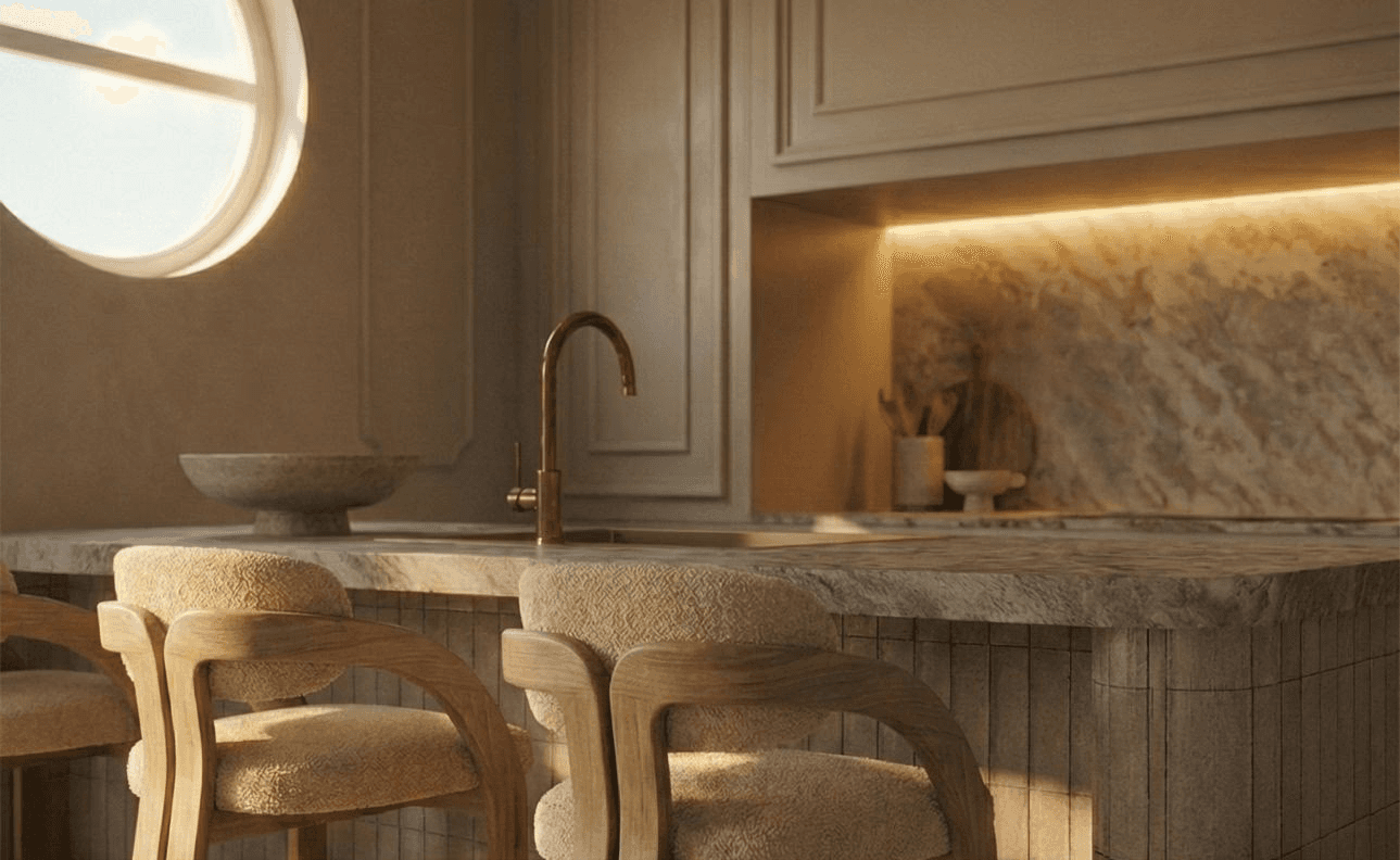 Proyecto Columela 8 de Calienzo, interiorismo en Salamanca con molduras clásicas, mármol natural y luz cálida.