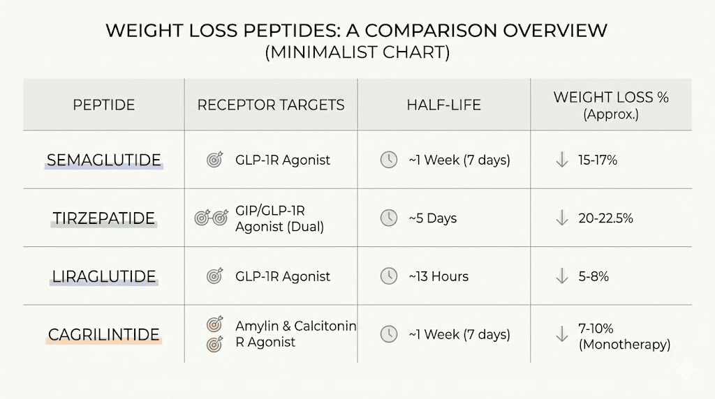 Cagrilintide vs semaglutide vs tirzepatide vs retatrutide comparison chart