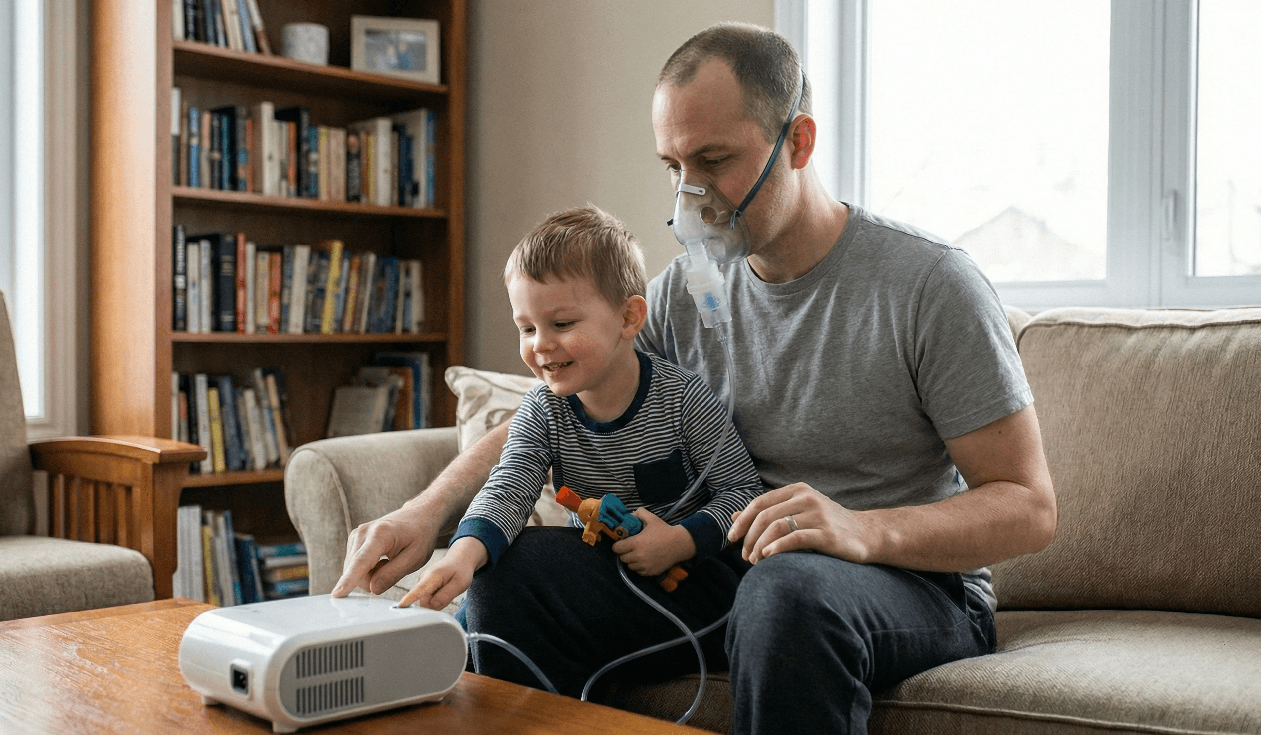 Man doing breathing treatment with help of son