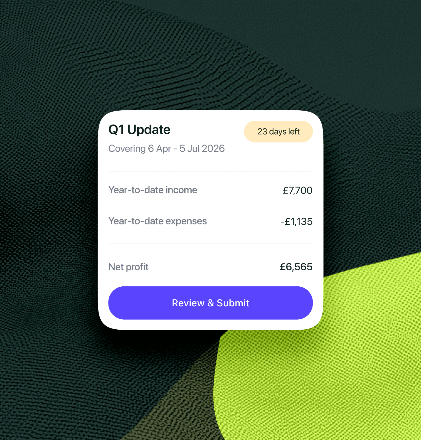 Submitted Q1 MTD update in August showing HMRC reference, total income, expenses, and net profit
