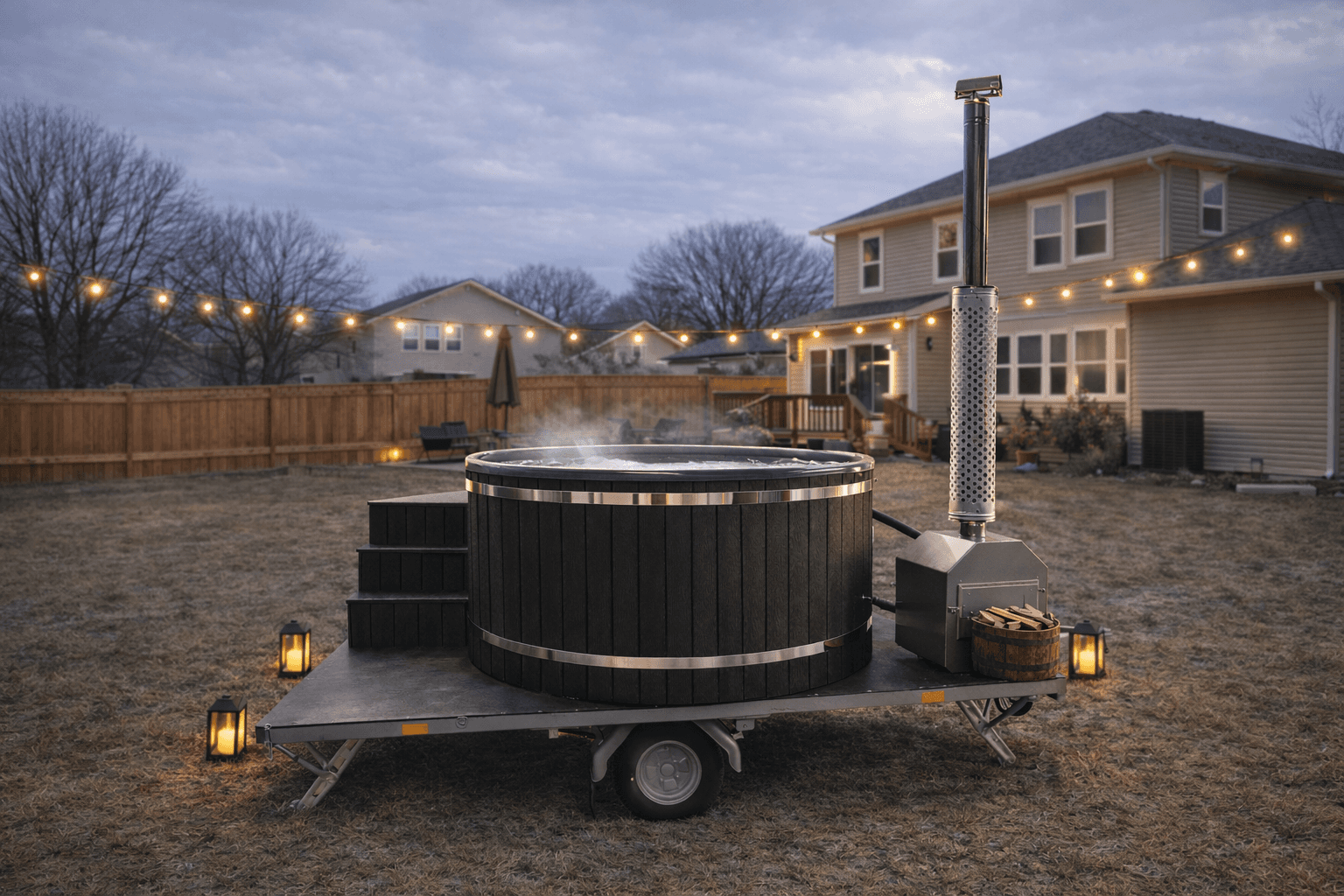 Mobile hot tub rental trailer with wooden steps parked on grass in Chicago area